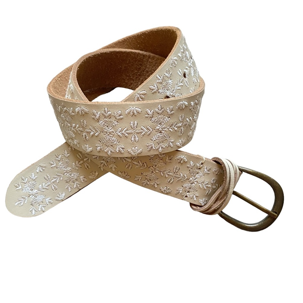 Lucky Brand Cream Embroidered Leather Belt with Brass Buckle